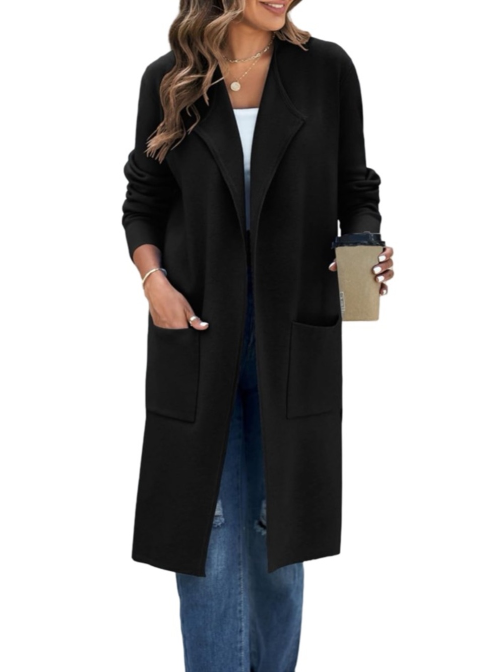 Black Open-Front Long Cardigan with Patch Pockets Slits Cover up, sweater - Picture 2 of 12